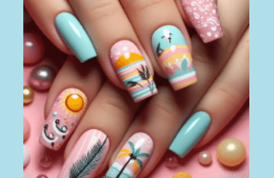 35+ Pink Summer Nails ideas for Trendy style in 2025 17 Beach-themed pink summer nails with vibrant designs and colors.
