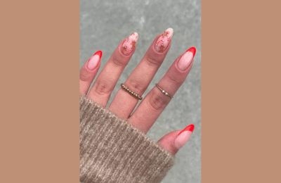 Classic Red French nail design with gingerbread and candy can
