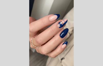 40 Navy Blue Nail Designs to Elevate Your Style 2025 41 Dark blue nail with plaid pattern