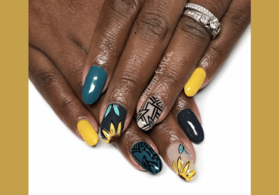 Unique sunflower nails with varied shapes and bold colors