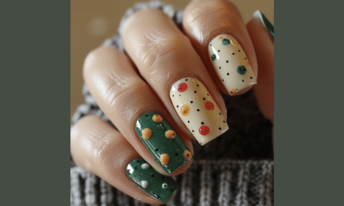 25 Must Try Polka Dot Nail Designs for a Stylish Look 14 3D polka dot nail art featuring festive elements like bows and snowflakes