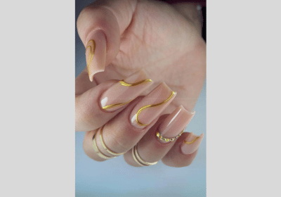 20 Swirl Nail Art: Lavender, Pink & Blue Nail Designs 19 Nude nails with gold swirls nail ideas