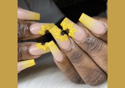 25 Sunflower Nail Designs in Yellow Shades for Summer 20 Yellow ombre sunflower nail art for soft summer looks