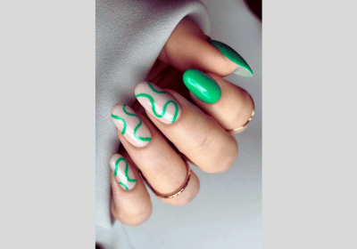 20 Swirl Nail Art: Lavender, Pink & Blue Nail Designs 4 Nails with Green Swirls Accent