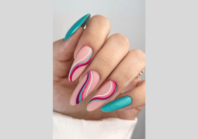 20 Swirl Nail Art: Lavender, Pink & Blue Nail Designs 5 Almond Nails with Teal and Pink color swirls