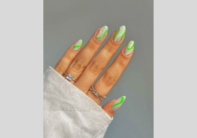 20 Swirl Nail Art: Lavender, Pink & Blue Nail Designs 6 Short Almond nails with lime color swirls