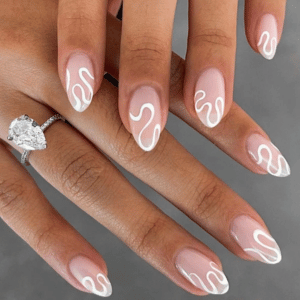 White swirl summer nails with ocean-inspired wave designs