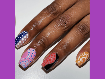 Polka dot nail designs, May nail art with colorful nail patterns.