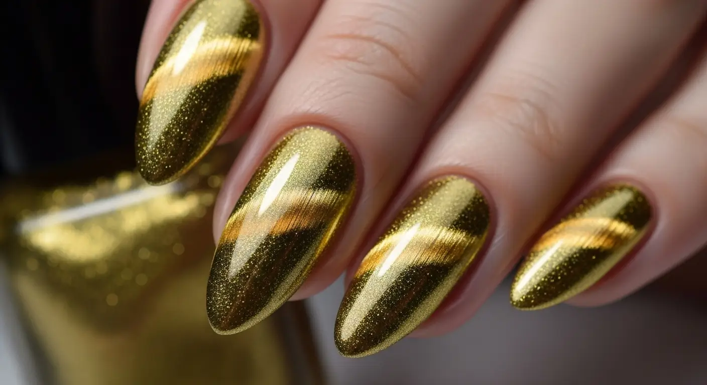 Yellow-gold cat eye nails with high-shine shimmer and a luxe finish.