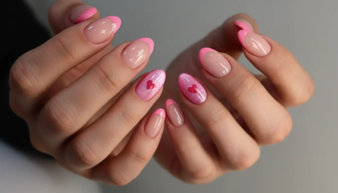 Pink cat eye nails with a single accent heart for subtle glamour.