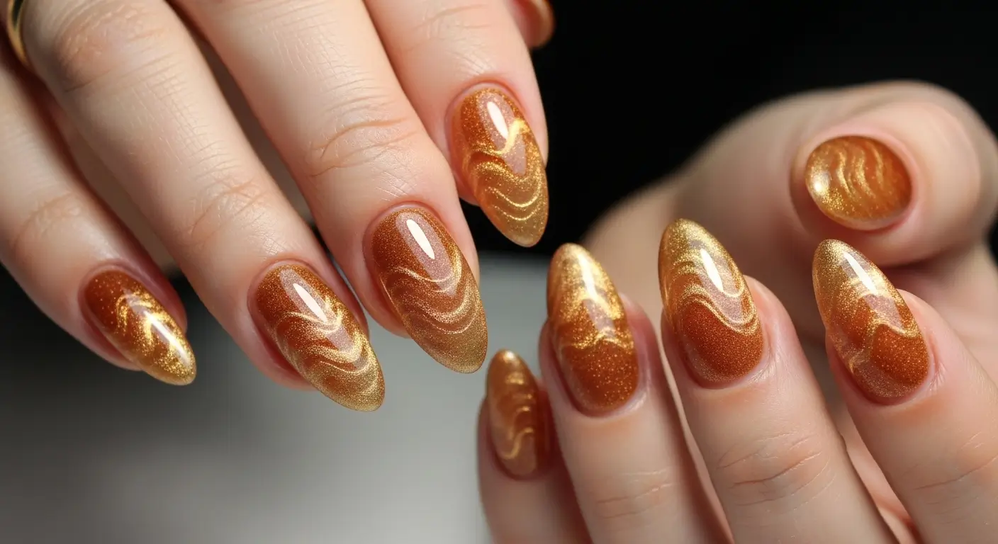 Amber gel cat eye nails with gold magnetic shimmer and luminous movement.