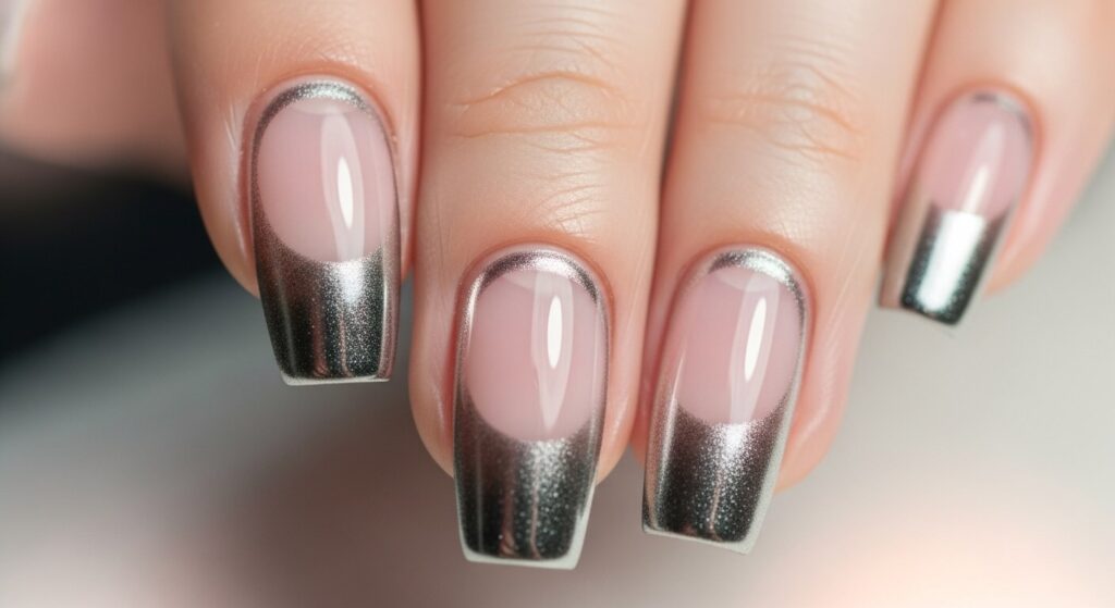 Close-up of nails featuring aura chrome nails with a soft glowing gradient and a reflective chrome finish.