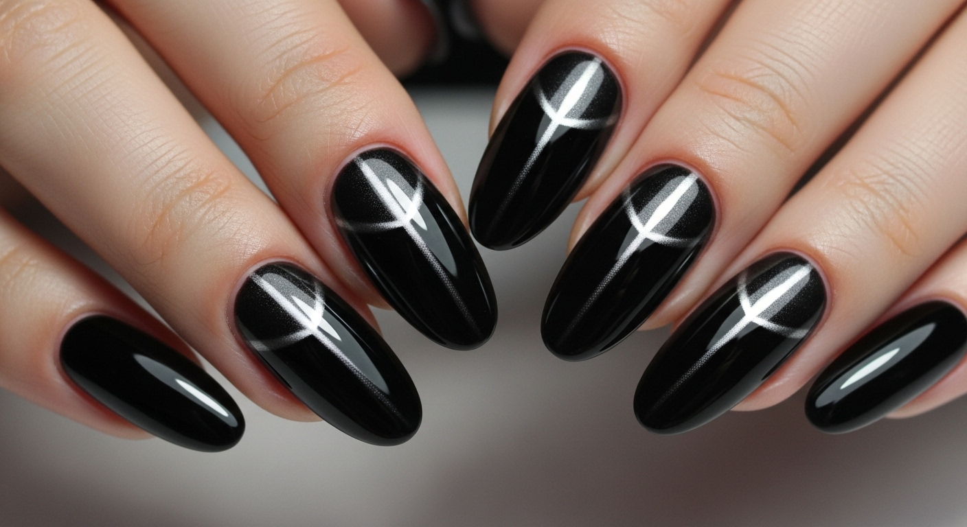 Edgy black velvet cat eye nails with luxurious soft texture.