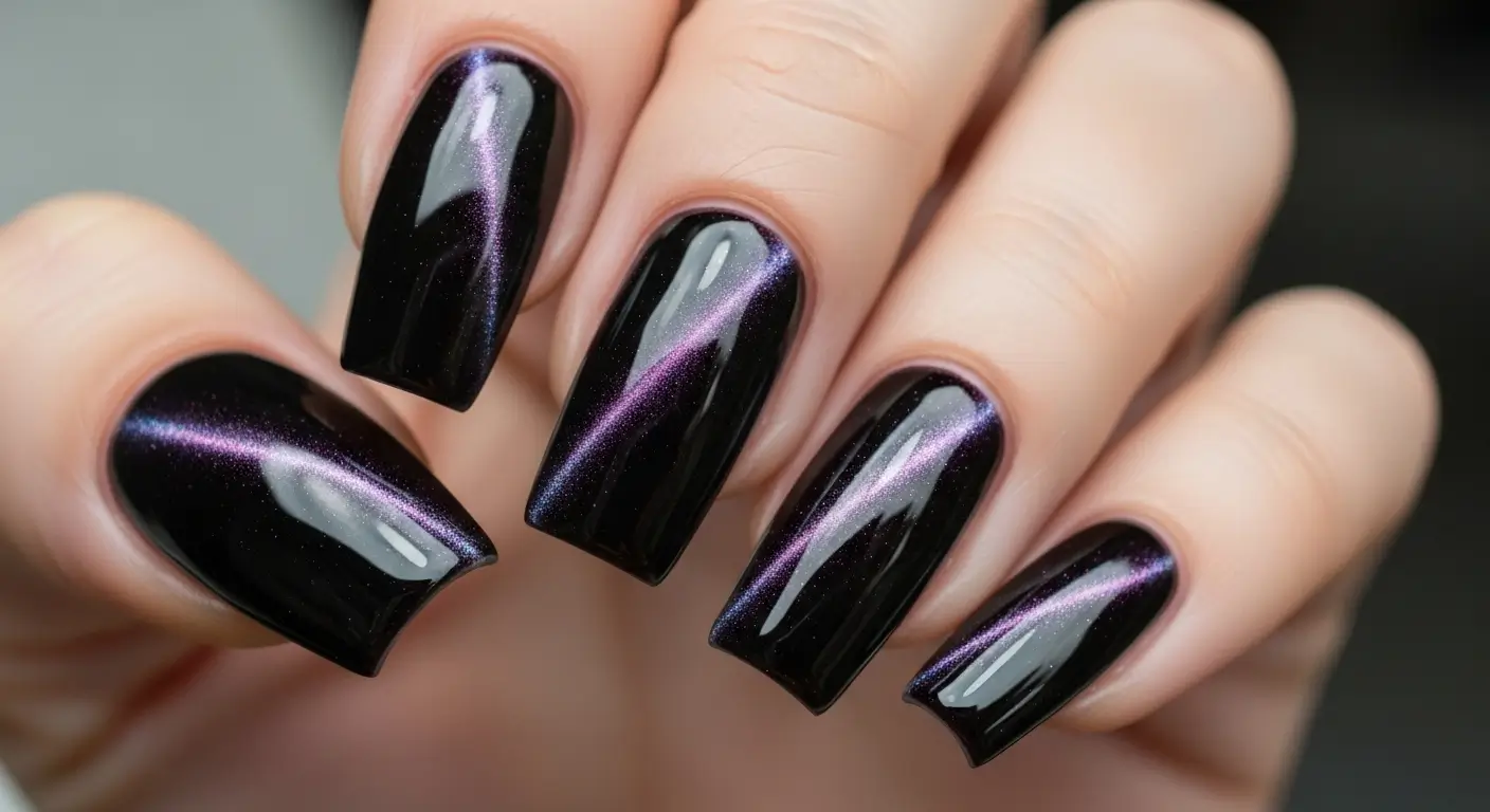 Black cherry cat eye nails with subtle highlights and Y2K-inspired shape.