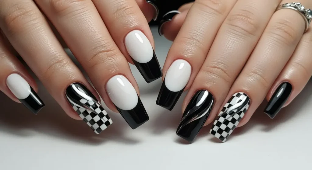Close-up of nails featuring black and white nail design with a modern twist, combining matte and glossy chrome accents.