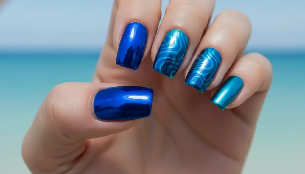 Close-up of nails featuring blue chrome nail designs with a glossy, reflective metallic finish.