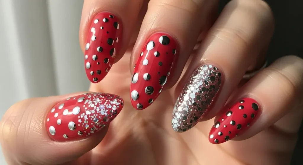 Close-up of nails featuring candy apple polka dot chrome design with glossy red base and reflective metallic dots.
