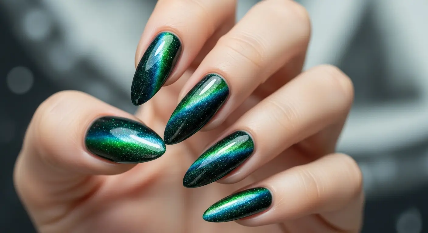 Green and blue cosmic cat eye nails on almond-shaped tips for a modern style.