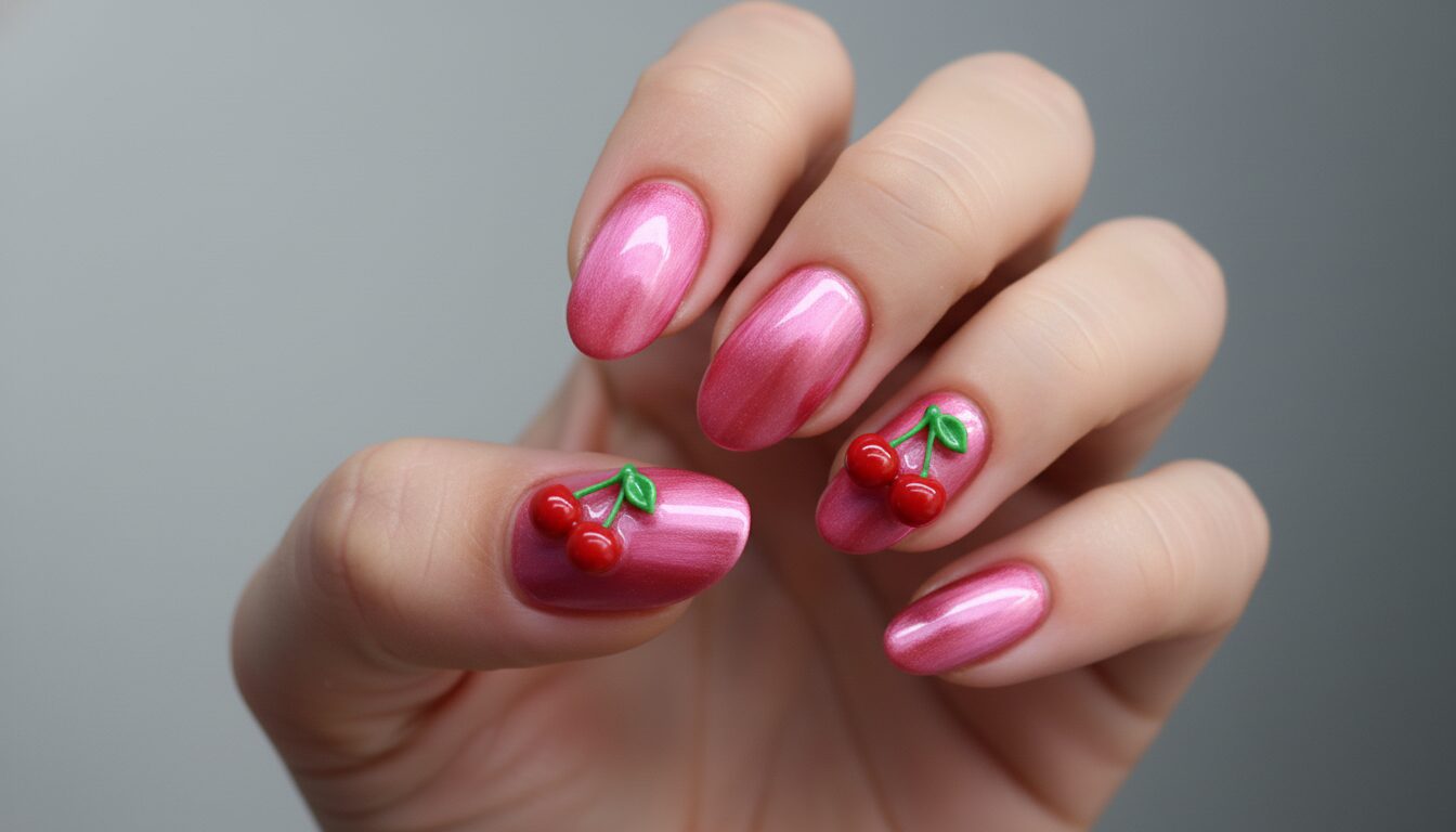 Pink velvet cat eye nails with 3D cherry accents for a cute, raised design.