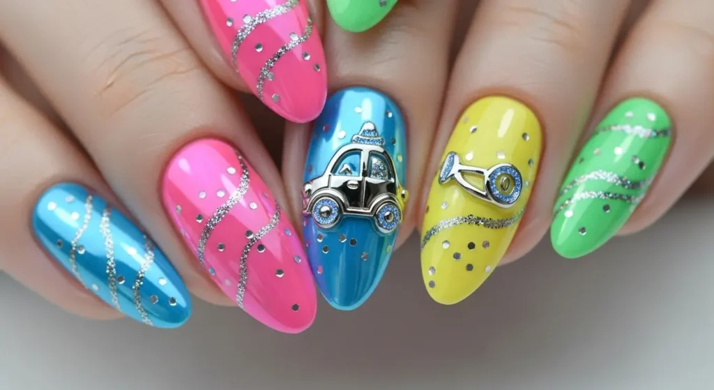 Close-up of nails featuring chrome clown car design with vibrant, glossy metallic colors and playful reflective accents.
