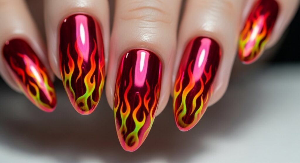Close-up of nails featuring chrome fire design with glossy, reflective metallic flames over a vibrant base.