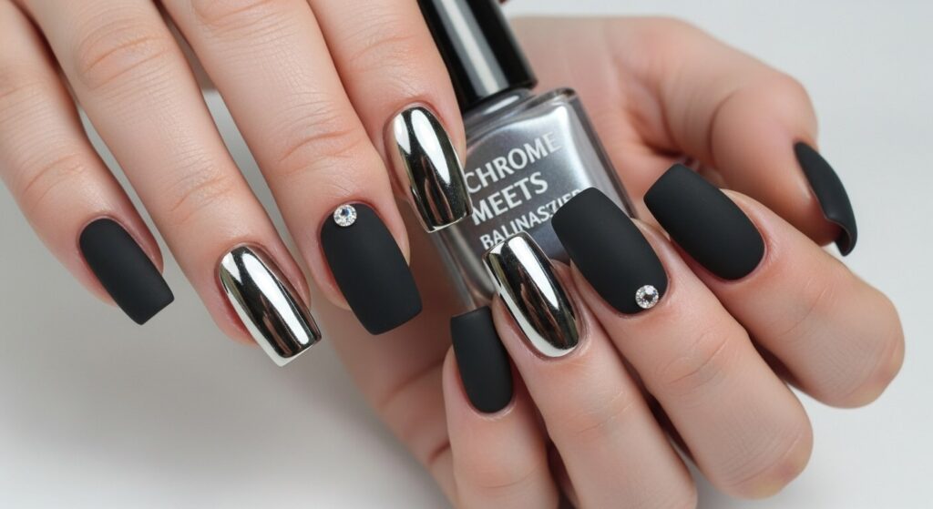 Close-up of nails featuring chrome meets matte designs with reflective chrome accents contrasted against smooth matte finishes
