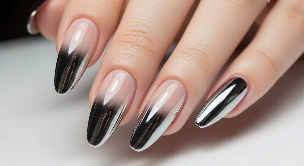 Close-up of nails featuring a chrome ombre nail design with a smooth, reflective gradient finish.