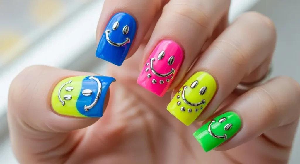 Close-up of nails featuring chrome smileys with glossy metallic finishes and playful reflective smiley designs.