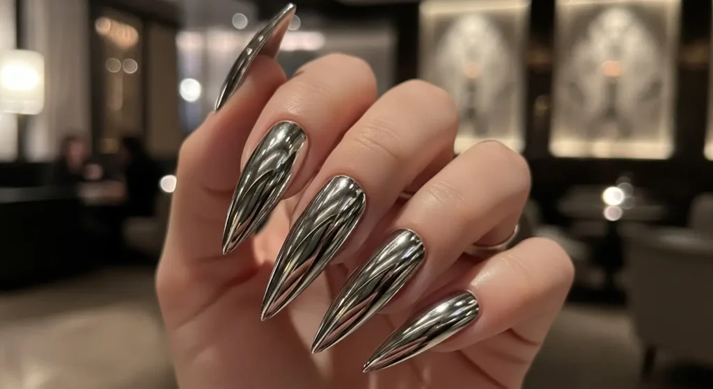 Close-up of stiletto-shaped nails featuring chrome stiletto drama design with glossy, reflective metallic finish for a bold, dramatic look.