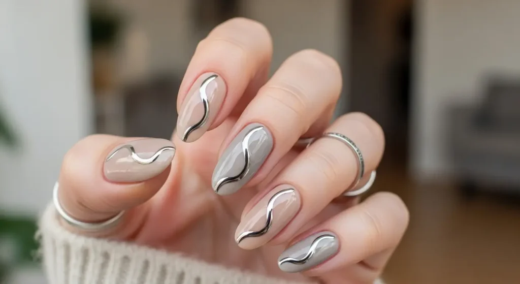 Close-up of nails in neutral shades with minimal chrome swirl accents, creating an elegant and understated modern nail design.