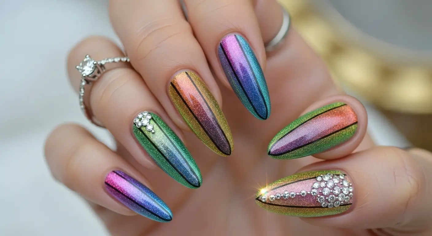 Mixed color cat eye nails using holographic magnetic polish and diamond accents.