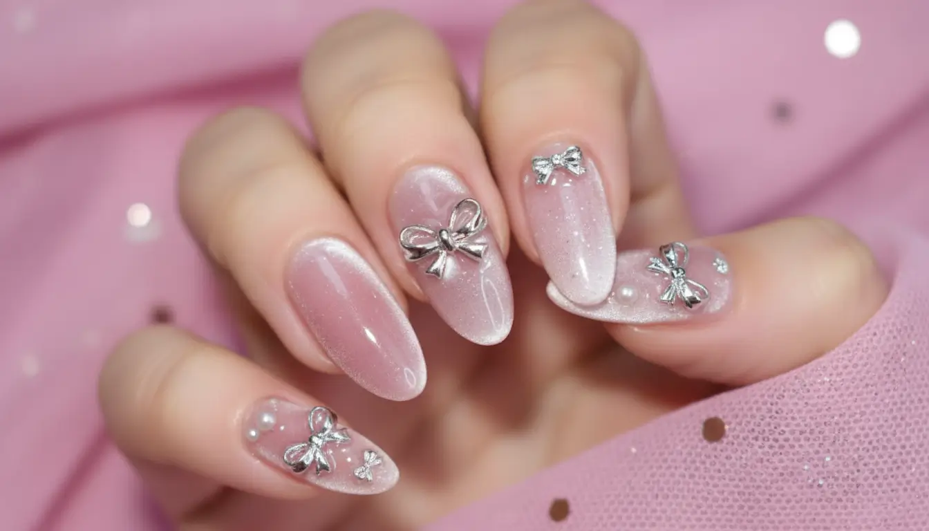 Pink velvet cat eye nails accented with silver bows for a coquette-inspired style.