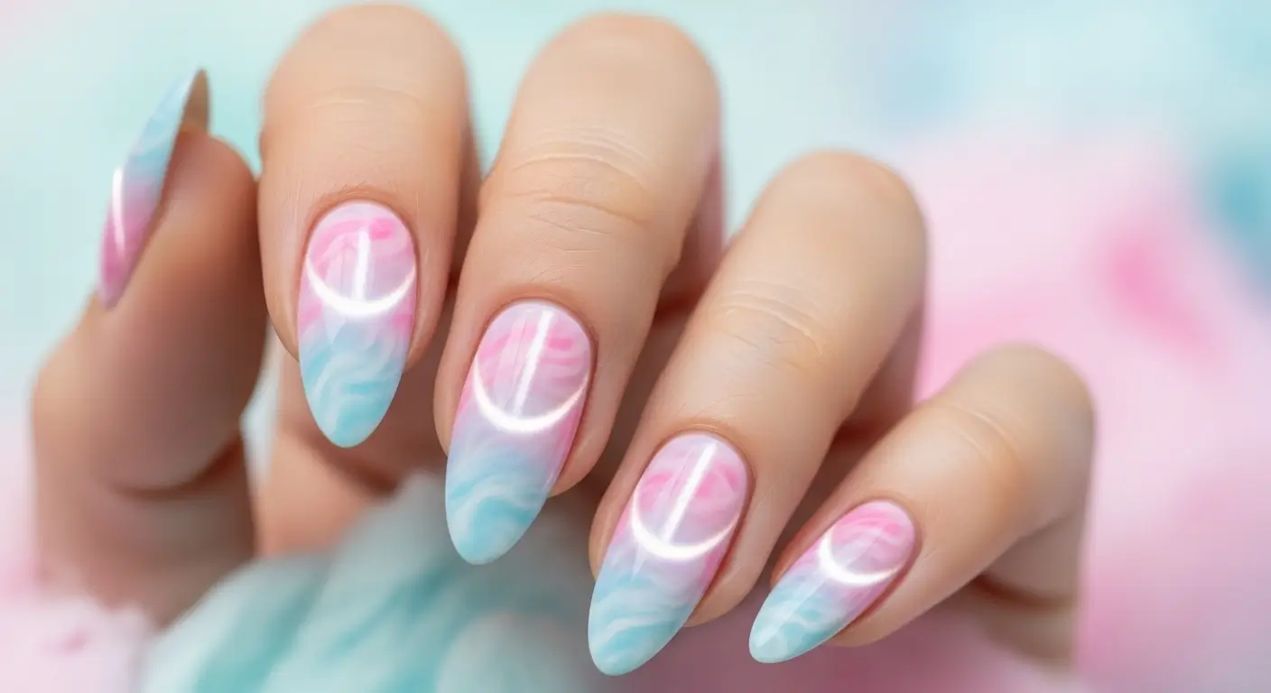 Pastel pink and blue cotton-candy cat eye nails with dreamy magnetic shine.