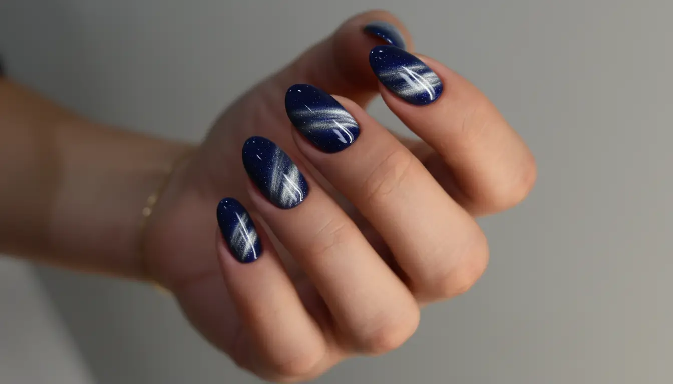 Deep navy cat eye nails layered with silver for a night-sky effect.