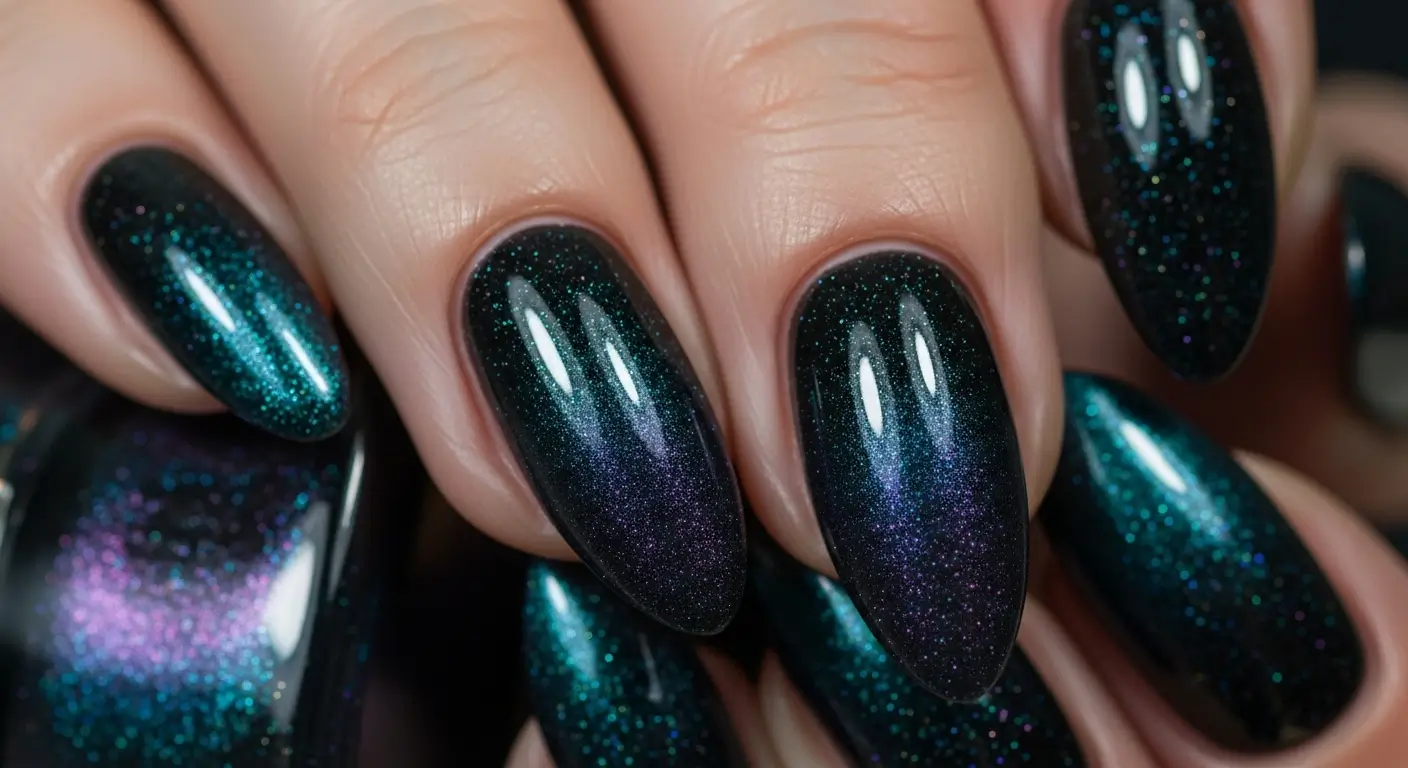 Black-to-teal-purple color-shifting cat eye nails with a cosmic galaxy look.