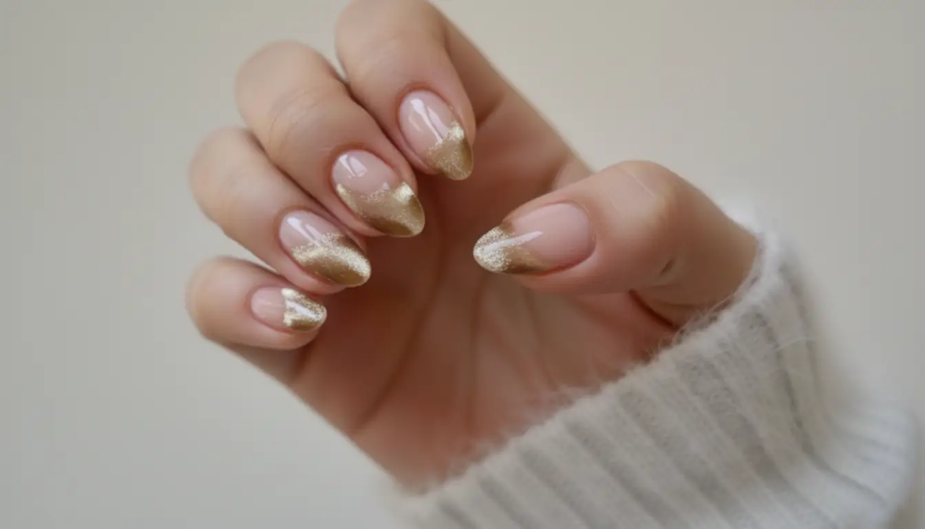 Gold-dipped cat eye nails with melting French tips and reflective shimmer.