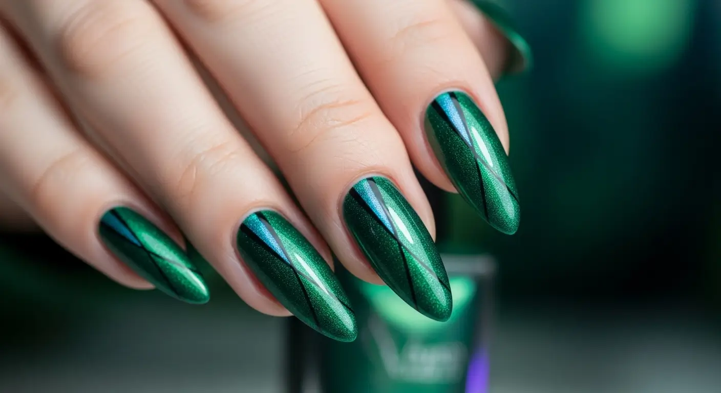 Green cat eye nails with a strong magnet line that mimics a real cat’s eye.