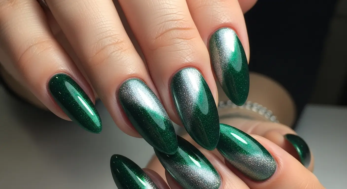 Emerald cat eye nails layered with silver velvet gel for a rich festive look.