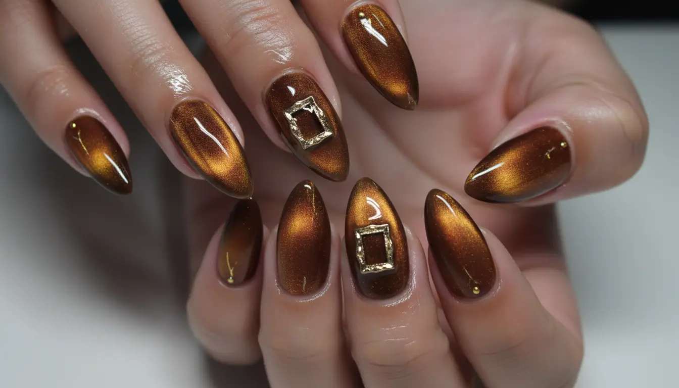 Gold and brown jelly cat eye nails with striking metallic depth.