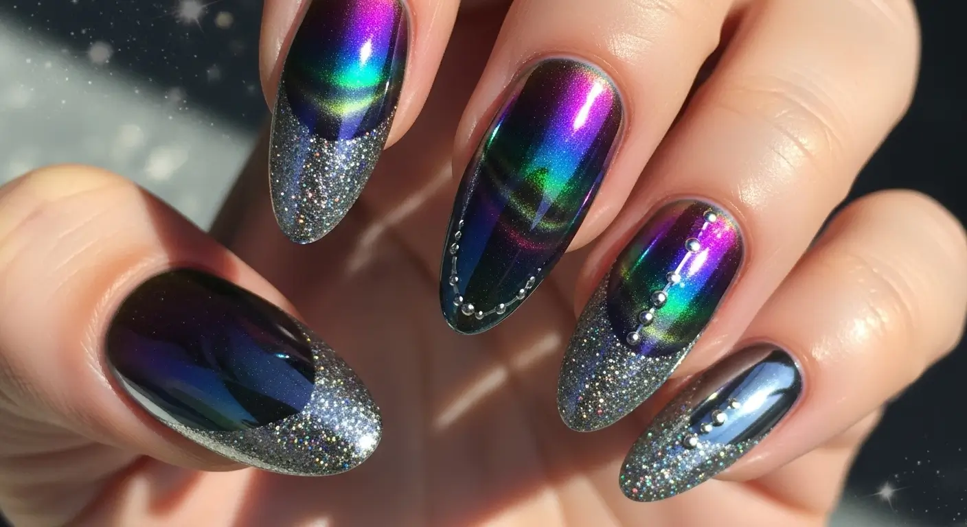 Space-inspired cat eye nails with reflective pigments and futuristic shimmer.