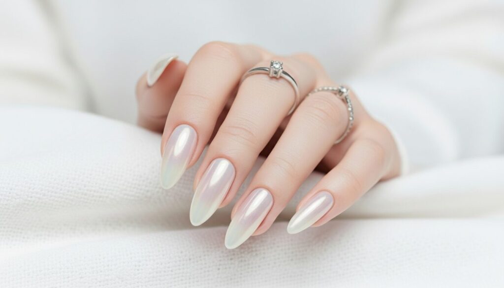 Close-up of almond-shaped nails with glazed donut pearl chrome design in opal white and creamy champagne.