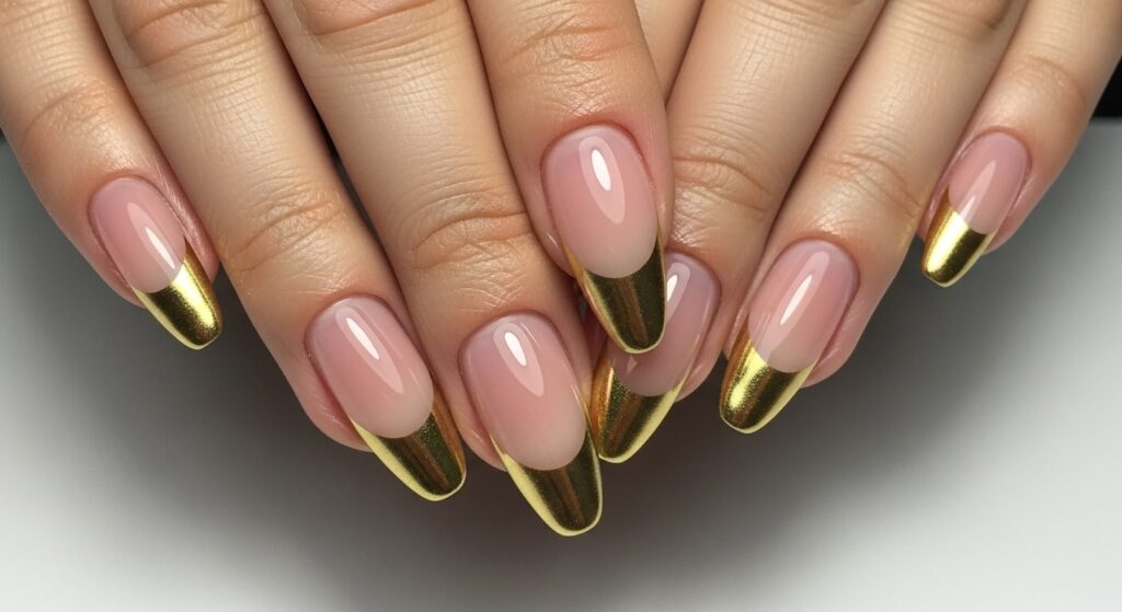 Close-up of nails featuring gold chrome tips with glossy, reflective metallic accents on a neutral base.