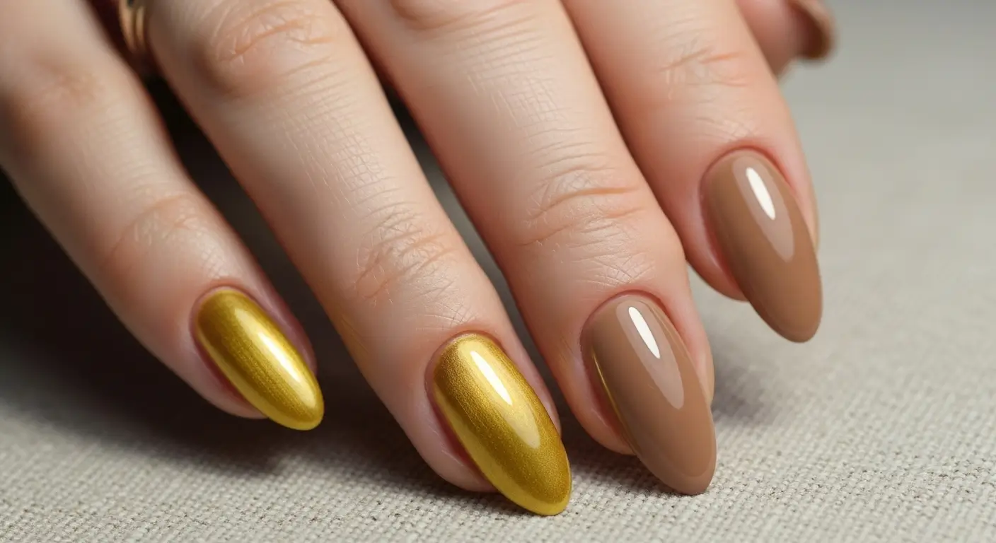 Yellow-gold and taupe cat eye nails with warm, polished contrast.