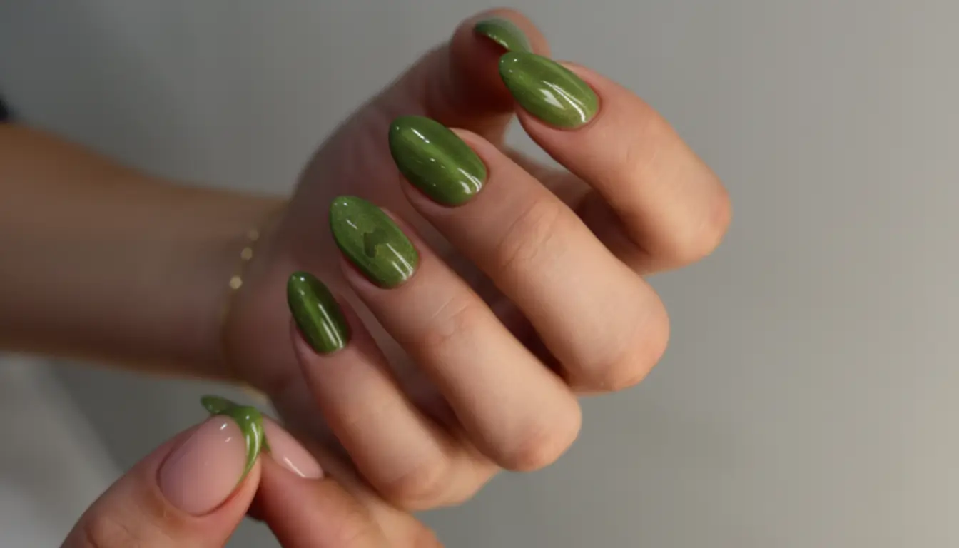 Olive green almond-shaped cat eye nails with shimmering magnetic highlights.