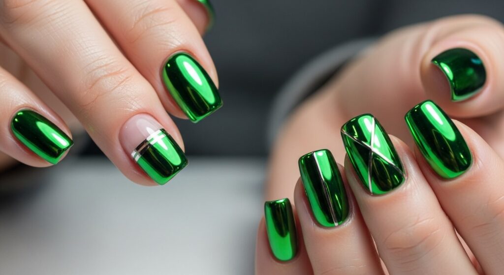 Close-up of nails featuring green chrome nail designs with a reflective, high-shine metallic finish.