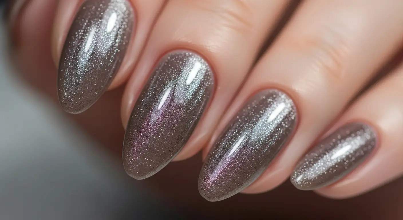 Taupe-brown cat eye nails with soft silver magnetic pigment for a dreamy glow.