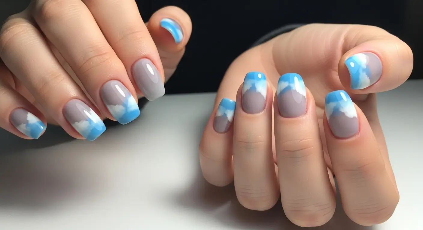 Blue and gray cat eye nails with a sky-inspired soft gradient.