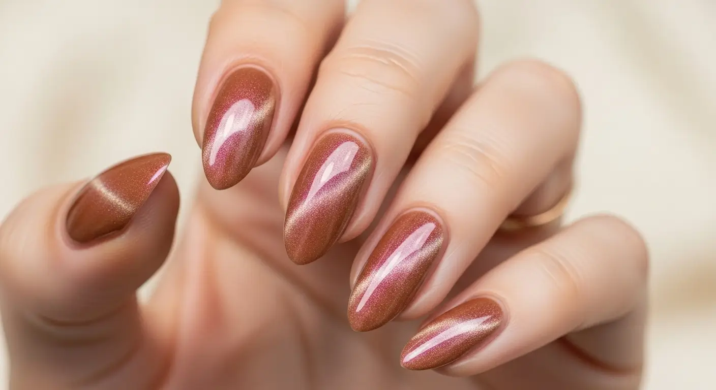 Light brown cat eye nails with warm magnetic shimmer and gingerbread tones.