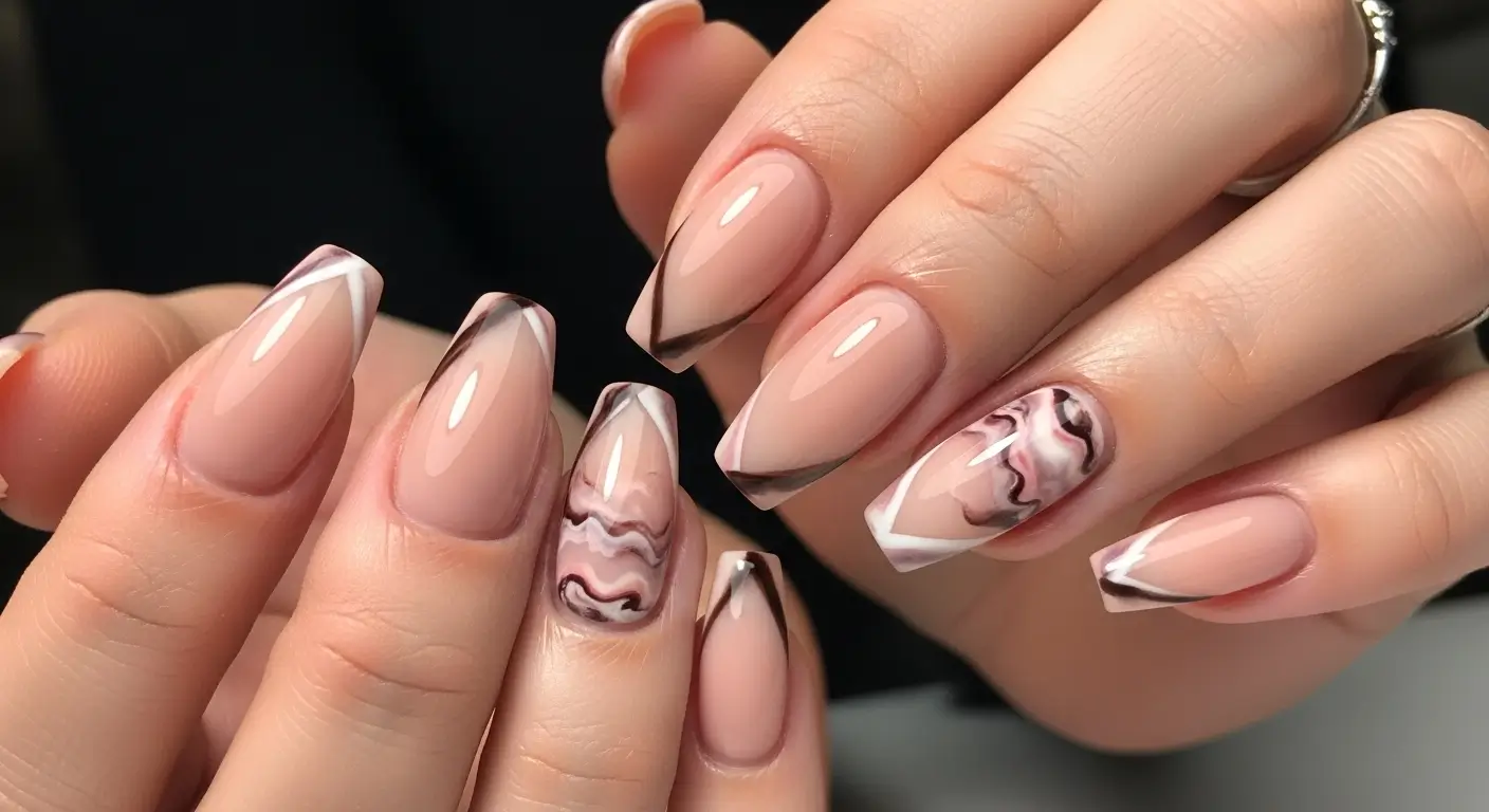 Nude-based cat eye nails with a marbled magnetic line for a luxury look.