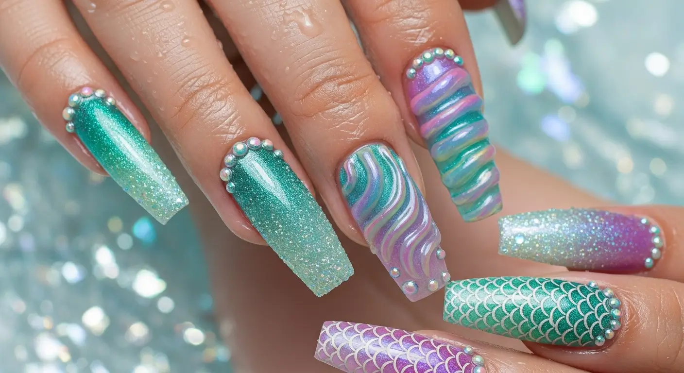 Long textured cat eye nails with mermaid-inspired shifting colors.